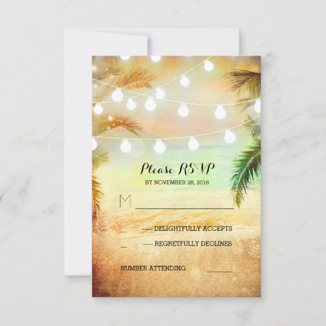 sunset beach twinkle lights tropical wedding RSVP Card (Front)