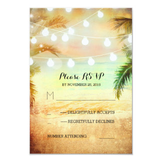 sunset beach twinkle lights tropical wedding RSVP Card