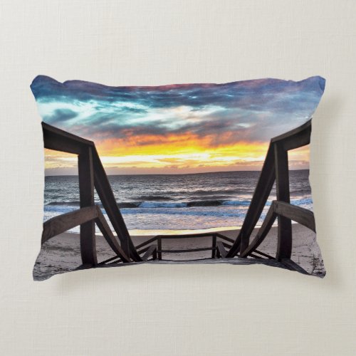 Sunset Beach View from Rustic Wood Deck Accent Pillow