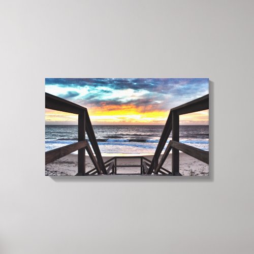 Sunset Beach View from Rustic Wood Deck Canvas Print