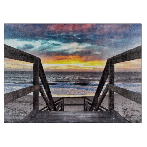 Sunset Beach View from Rustic Wood Deck Cutting Board