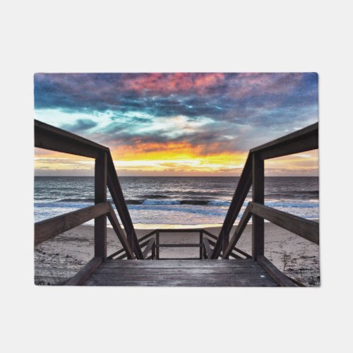 Sunset Beach View from Rustic Wood Deck Doormat