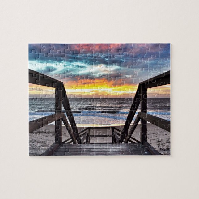 Sunset Beach View from Rustic Wood Deck Jigsaw Puzzle (Horizontal)