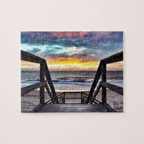 Sunset Beach View from Rustic Wood Deck Jigsaw Puzzle