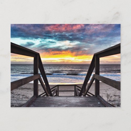 Sunset Beach View from Rustic Wood Deck Postcard