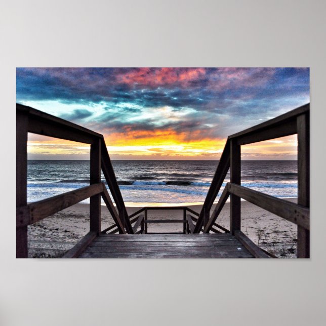 Sunset Beach View from Rustic Wood Deck Poster (Front)