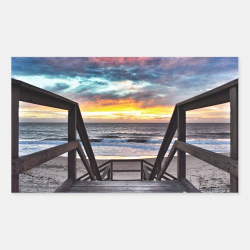 Sunset Beach View from Rustic Wood Deck Rectangular Sticker