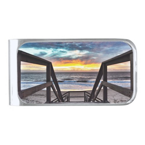 Sunset Beach View from Rustic Wood Deck Silver Finish Money Clip