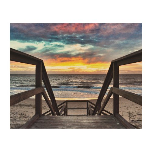 Sunset Beach View from Rustic Wood Deck Wood Wall Art