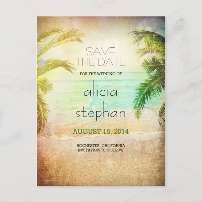 sunset beach vintage sea & palms save the date announcement postcard (Front)