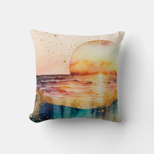 Sunset Beach Watercolor Painting Throw Pillow