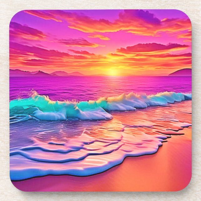 Sunset Beach Waves Design Beverage Coaster (Front)