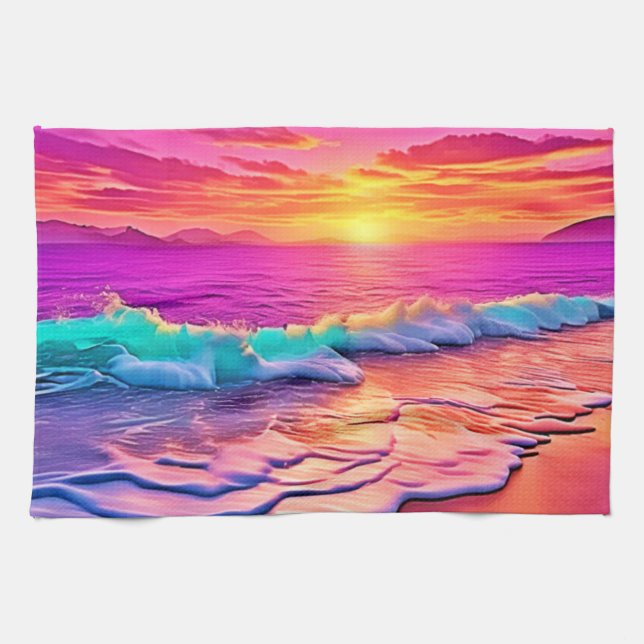 Sunset Beach Waves Design Kitchen Towel (Horizontal)
