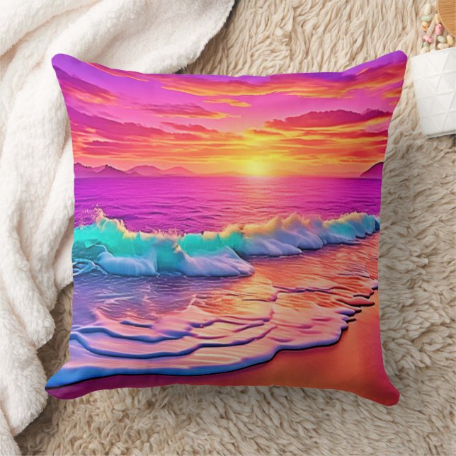 Sunset Beach Waves Design Throw Pillow (Blanket)
