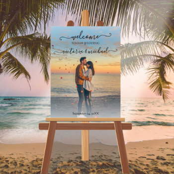 Sunset Beach Wedding Couple Photo Welcome Sign by McBooboo at Zazzle