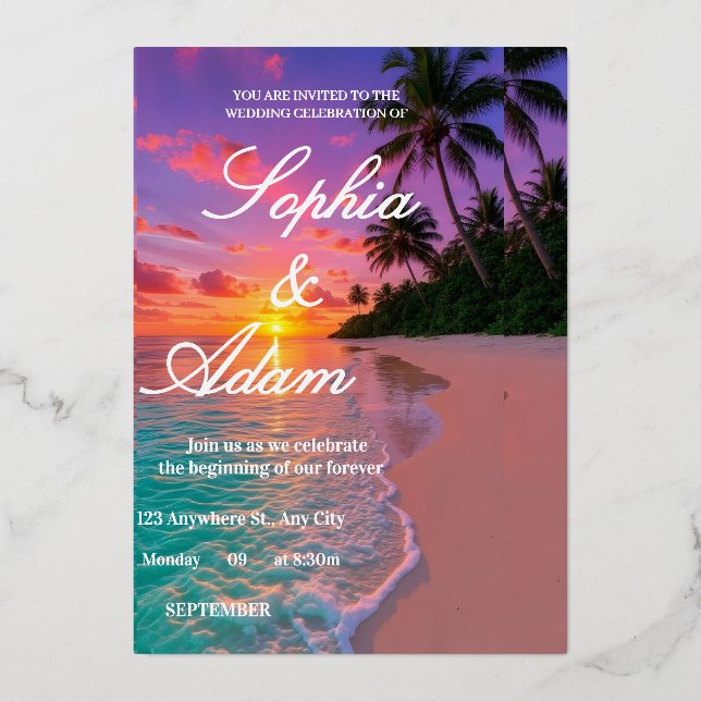 Sunset Beach Wedding Invitation Foil Invitation (Front)