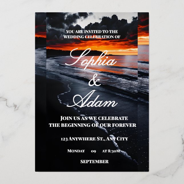 Sunset Beach Wedding Invitation Foil Invitation (Front)