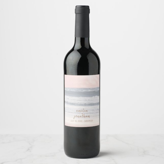 Sunset Beach Wedding | Oceanside Wedding Wine Label (Front)