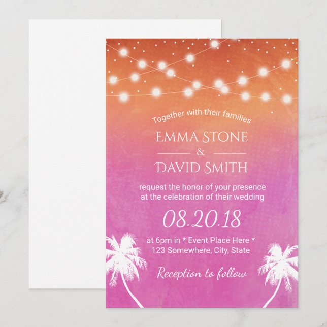 Sunset Beach Wedding Palm Trees Elegant Watercolor Invitation (Front/Back)