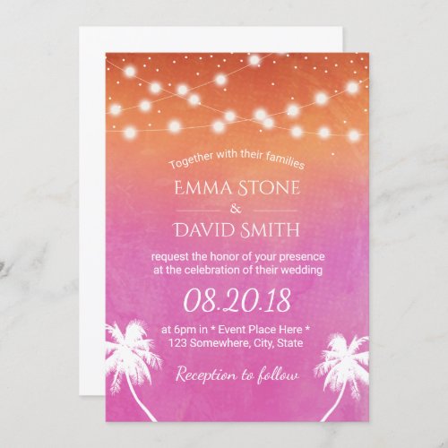 Sunset Beach Wedding Palm Trees Elegant Watercolor Invitation