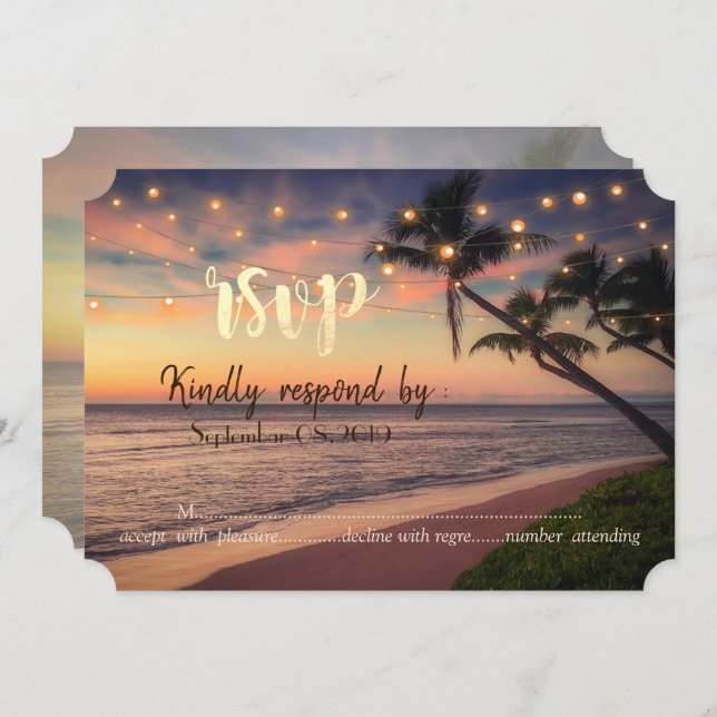 Sunset Beach Wedding, Palms,Lights  RSVP Invitation (Front/Back)