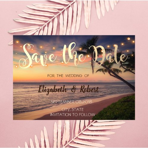 Sunset Beach Wedding Palms Lights  Save The Date