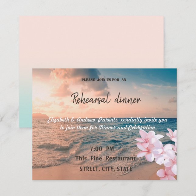 Sunset Beach Wedding, Plumeria  Rehearsal Dinner Invitation (Front/Back)