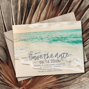 Sunset Beach Wedding Save The Date Postcard by TropicalPapers at Zazzle