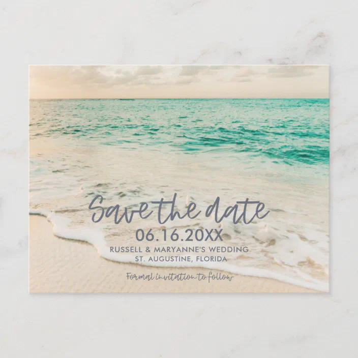 Beach at Sunset Romantic Abroad Personalized Wedding Save The Date Cards