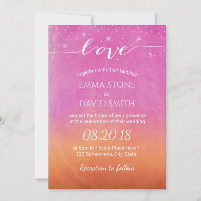 Sunset Beach Wedding Script Love Watercolor Invitation (Front)