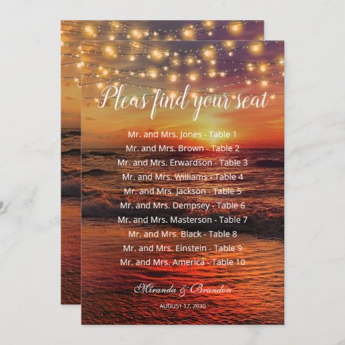 Sunset Beach Wedding Table Number Seating Chart