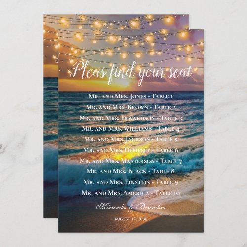 Sunset Beach Wedding Table Seating Chart Card