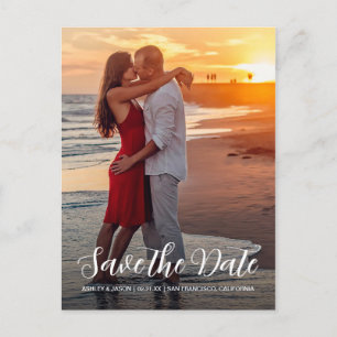 Sunset Beach White Script Save the Date Photo Announcement Postcard