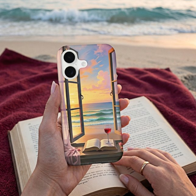 Sunset Beach Window View Book and Wine Art Case-Mate iPhone Case (Romantic seaside phone case featuring a beach at sunset with a book and wine)