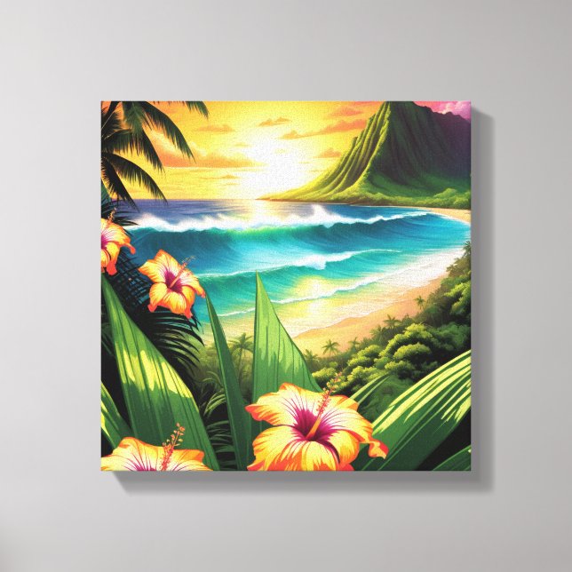 Sunset Beach with Flowers and Palms Canvas Print (Front)