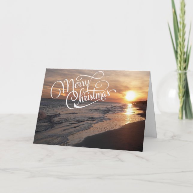 Sunset Beach With Glowing Sun Christmas Card (Front)