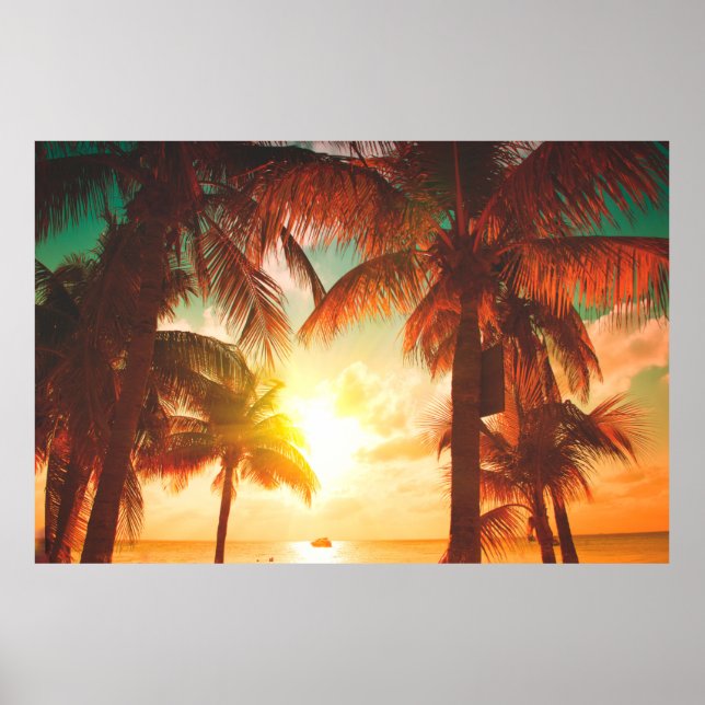 Sunset beach with palm trees and beautiful sky lan poster (Front)