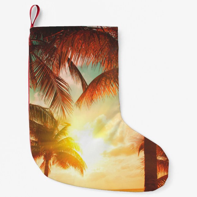 Sunset beach with palm trees and beautiful sky lan small christmas stocking (Front)