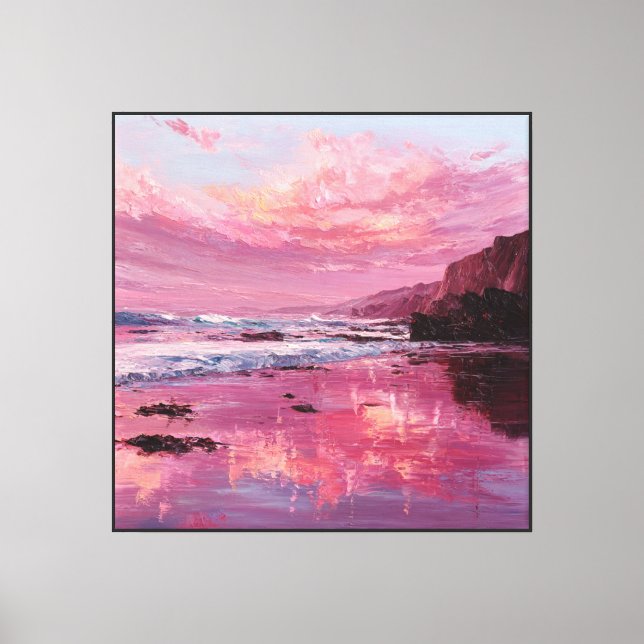 Sunset Beach with Rocky Cliffs and Waves Abstract Canvas Print (Front)