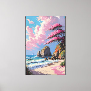 Sunset Beach with Sailboat and Blossoming Tree Canvas Print