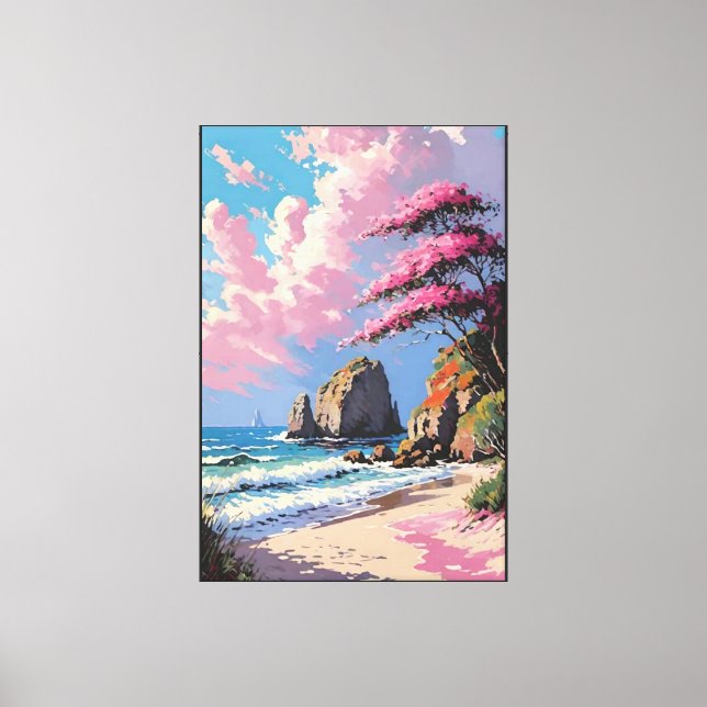 Sunset Beach with Sailboat and Blossoming Tree  Canvas Print (Front)