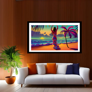 Sunset Beach woman dancing blue sea purple pink 2 Poster