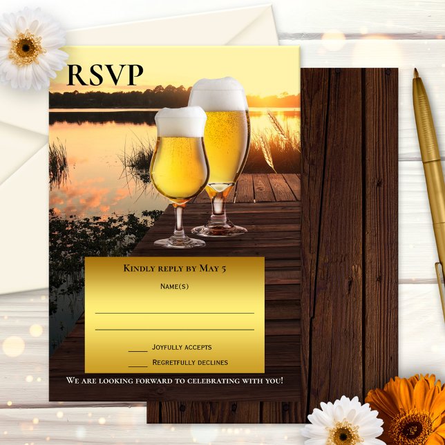 Sunset Beer Summer RSVP Card (Wedding RSVP card featuring a sunset at a lake with beer glasses on a jetty)