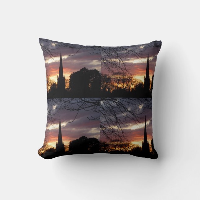 Sunset behind church throw pillow (Front)