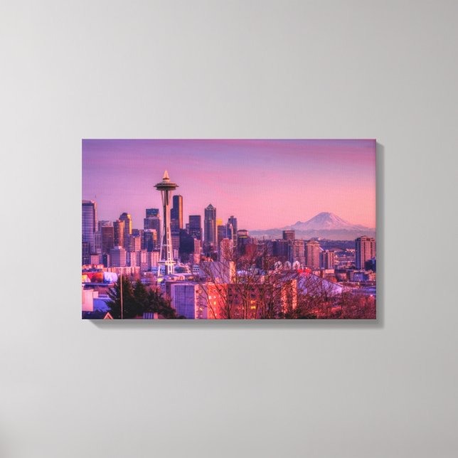 Sunset behind Seattle skyline from Kerry Park. Canvas Print (Front)