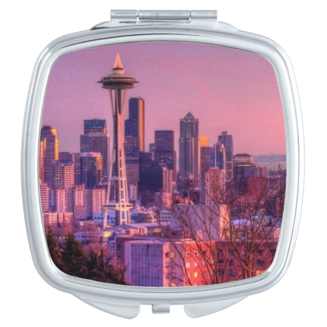 Sunset behind Seattle skyline from Kerry Park. Compact Mirror (Front)