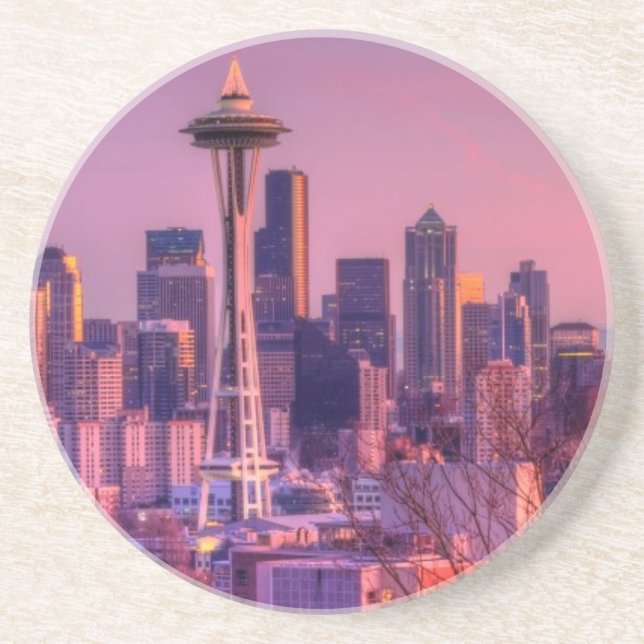 Sunset behind Seattle skyline from Kerry Park. Drink Coaster (Front)