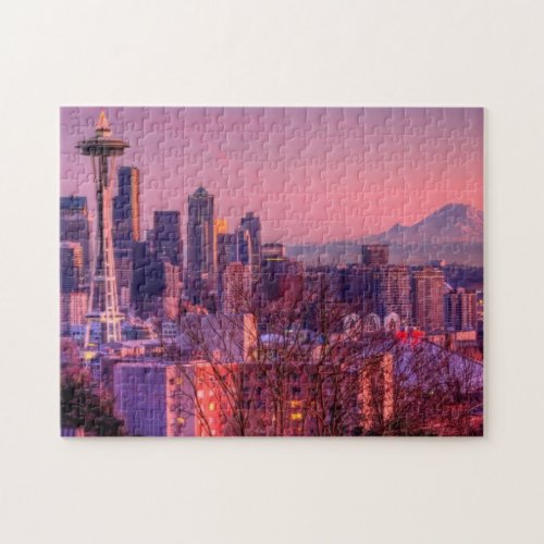 Sunset behind Seattle skyline from Kerry Park Jigsaw Puzzle