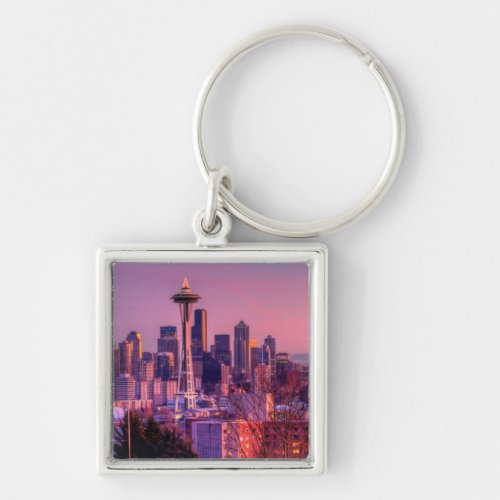 Sunset behind Seattle skyline from Kerry Park Keychain