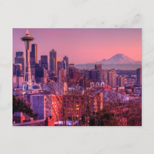 Sunset behind Seattle skyline from Kerry Park Postcard